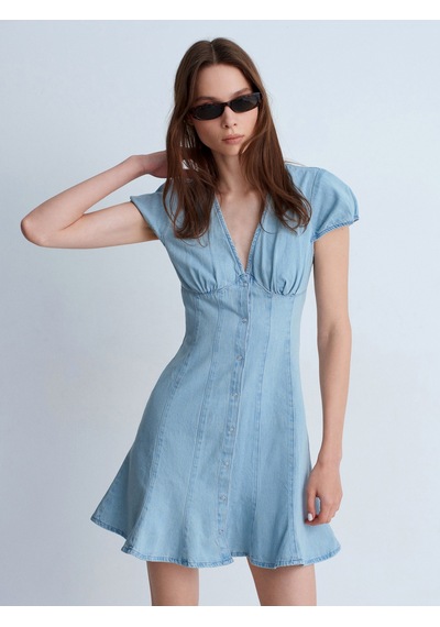 Dilvin 90583 %100 Pamuk Çıtçıt Detaylı Denim Elbise-mavi