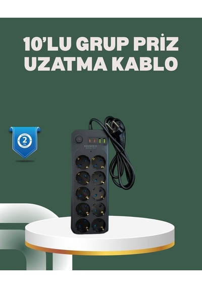Northcity 10'luk Termal Koruma Sistemli Usb Type-c Grup Priz - 2m Kablo, 2500w Güç, Ev Ve Ofis İçin 2 M