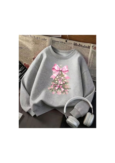 Herkesemoda Noel Ağacı Baskı Detaylı Bisiklet Yaka Sweatshırt Gri