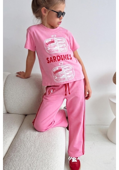 Monila Kız Çocuk Pamuklu Pembe Baskılı T-shirt Ve Eşofman Alt Üst Takım