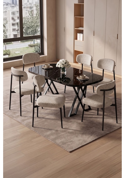 Robii 90x168 Siyah Mermer Mdf Masa, Metal X Ayak, Metal Polo Sandalye, 6 Kişilik Mutfak Masası Takımı Ve Yemek Masası Takımı Krem Robii 90x168 Siyah Mermer Mdf Masa, Metal X Ayak, Metal Polo Sandalye, 6 Kişilik Mutfak Masası Takımı Ve Yemek Masası Takımı Krem