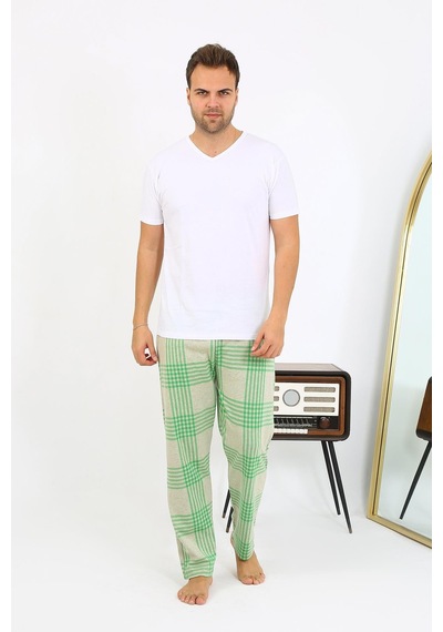 Akbeniz Erkek Ekoseli Desen Penye Tek Alt Pijama 27540 Yeşil