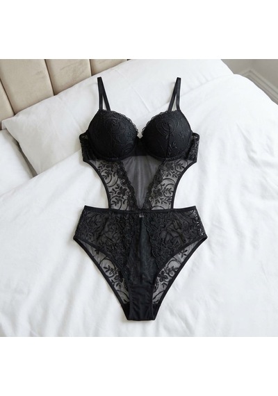 Ellovia Dolgulu Dantelli Bodysuit Sütyen Takımi B Cup siyah