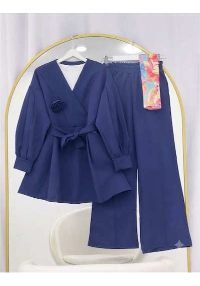 Lovie Moda Gül Detaylı Pantolonlu İkili Takım Mavi