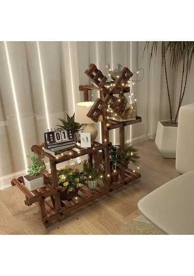 Eskitme Ahşap Dekoratif Çiçeklik Saksılık Balkon Bahçe Standı Ceviz
