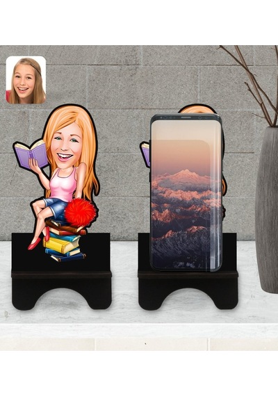 Kişiye Özel Kadın Öğrenci Karikatürlü Ahşap Biblo Telefon Standı-