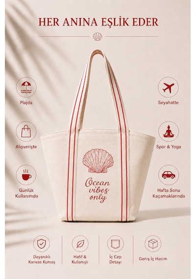 İcone Bag Kanvas Plaj Çantası, Lacivert Kolon Saplı Plaj Çantası, Ham Kanvas Çanta, Laci Baskılı Plaj Çantası Kırmızı