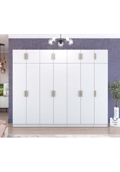 Rani Ba215 Geniş Gardırop Elbise Dolabı 14 Kapaklı 12 Raflı 3 Askılı Modüler Dolap Beyaz