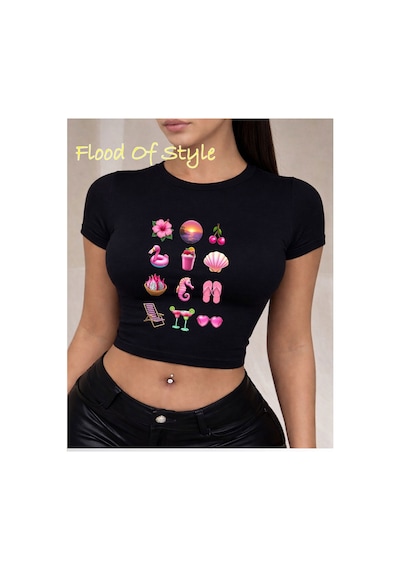 Flood Of Style Siyah Babby Tee Emoji Pink Özel Tasarım