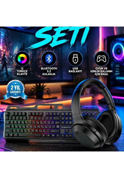 Türkçe Q Işıklı Oyuncu Klavye Ve Mouse Seti Bluetooth 5.2 Kulaklık Usb Bağlantı