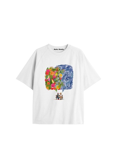 Kalic Studio Unisex Van Gogh Baskılı Oversize Tshirt Beyaz-97