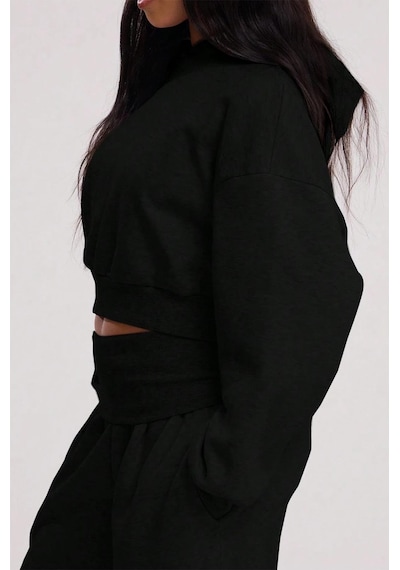 Brz Collection Relaxed Fit Basic Crop Hoodie Siyah Siyah