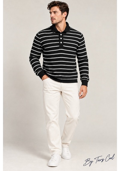 Erkek Çizgili Polo Yaka Triko Kazak Slim Fit Uzun Kollu Pamuk Akrilik Karışımlı Siyah
