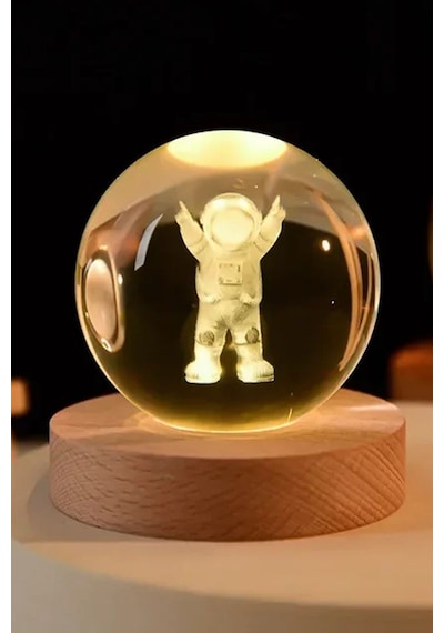 Ledli Usb'li Ahşap Standlı Astronot Küre Temalı Kristal Küre Gün Işığı 3d Oda Masa Ve Gece Lambası Renkli