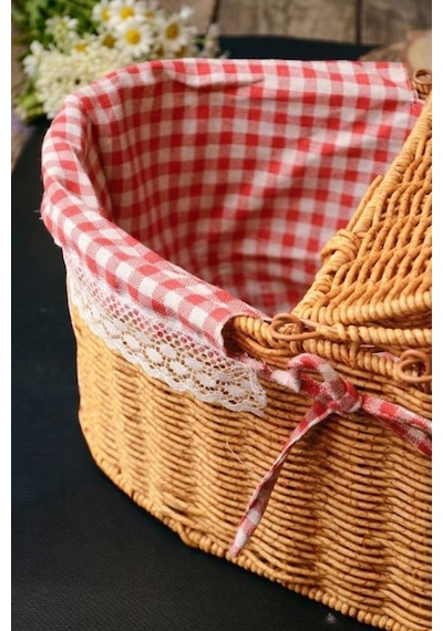 Atbyhome Hasır Piknik Sepeti Kapaklı Ve Bezli Rattan Sepet Organizer 40x29x18 Kahverengi