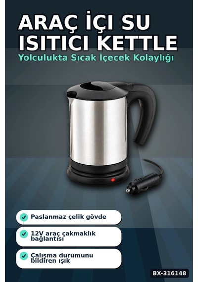 Araç İçi Su Isıtıcı Kettle - 12v Çakmaklık Girişli Paslanmaz Çelik Termos Bx-316148