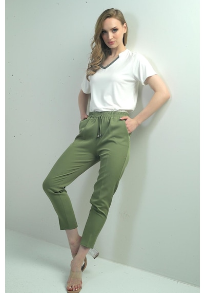 By Saygı Kadın Beli Lastikli Yandan Cepli Havuç Paça Pantolon-40784 Yeşil