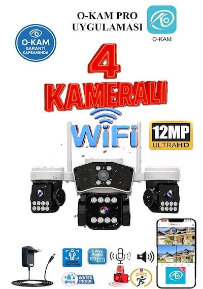 Okam 4 Kameralı 12mp Wifi Güvenlik Kamerası Çift Yönlü Ses, Kişi Algılama, Yağmur & Kara Dayanıklı