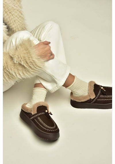 Fox Shoes Z357171661 Kahverengi Süet Hakiki Deri Kürklü Kadın Makosen Terlik