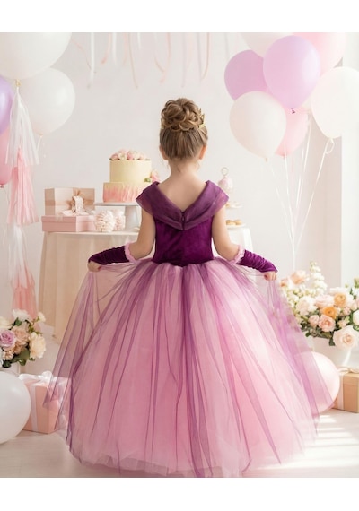 Butikhappykids Kız Çocuk Kostüm Rapunzel Mor Düşük Omuz Detaylı Kasnaklı Kabarık Prenses Elbise 3-8 Yaş Taç Ve Eldiven Hediyeli Mor