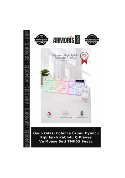 Oyun Odası Eğlence Ürünü Oyuncu Rgb Işıklı Kablolu Q Klavye Ve Mouse Seti Tmk03 Beyaz