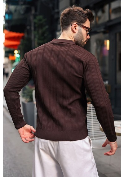 Madmext Kahverengi Polo Yaka Desenli Over Fit Erkek Triko Kazak E7517