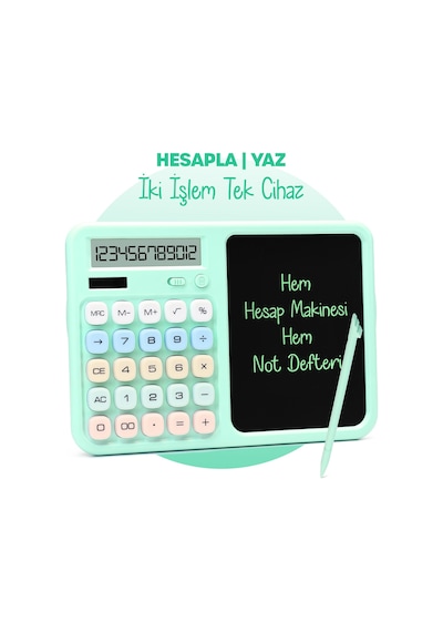 Lcd Ekran Yazı Tahtalı Hesap Makinesi 12 Haneli Tabletli Hesap Makinesi Pastel Yeşil