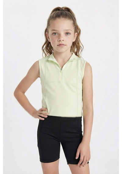 DeFacto Kız Çocuk Slim Fit Dar Kesim Polo Yaka Fermuarlı Basic Düz Kolsuz Tişört D3555A824SMGN1158 Yeşil