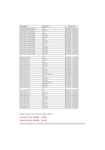 Seat Ibiza-4 Sc / St 1.0/1.2/1.4/1.6/1.8/1.9/2.0 Aerotwin Ön Silecek Seti 60/40 Cm 05.2015 - 12.2016 Arası