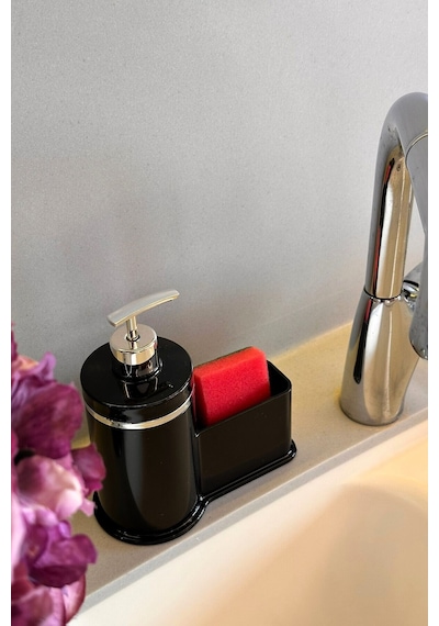 Makri Home Mutfak Veya Banyo İçin Şık Gümüş Detaylı Süngerlikli Sıvı Sabunluk , Yerli Üretim Siyah