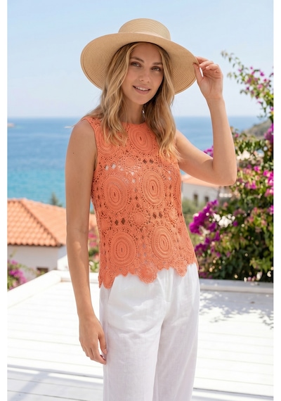 Sayzen Your Shine Kolsuz Dantel/tığ Dokuma Kadın Bluz Shn-2603 Turuncu