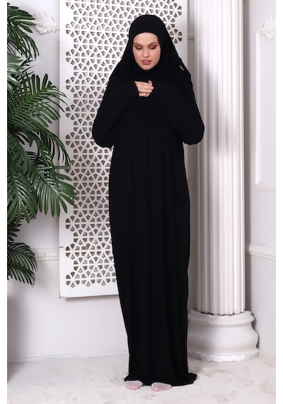 Tek Parça Pratik Başörtülü Robalı Namaz Elbisesi 8015 Siyah
