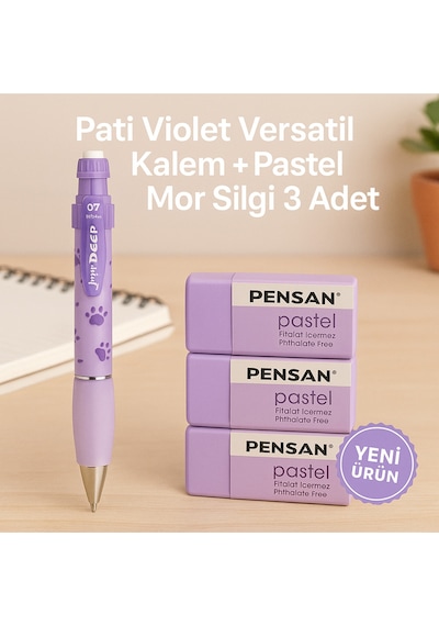 Pati Violet Versatil Kalem + Pastel Mor Silgi 3 Adet Mor