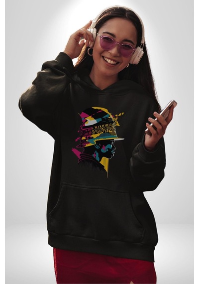 Canlı Afrobeat Füzyon Renkli Siluet Kadın Erkek Siyah Kapüşonlu Sweatshirt Hoodie Siyah