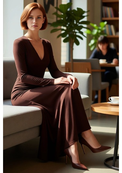 Ersefa Kadın V Yaka Bodycon Kesim Uzun Kollu Maxi Boy Yırtmaç Detaylı Dü Kahverengi