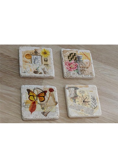 Vintage Kelebekli Kolaj Doğal Taş Bardak Altlığı 4'lü Set - Natural Stone Coasters - Taş Çok Renkli