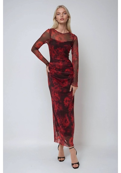 Hiccup Çiçek Desenli Bodycon Maxi Tül Elbise Kırmızı