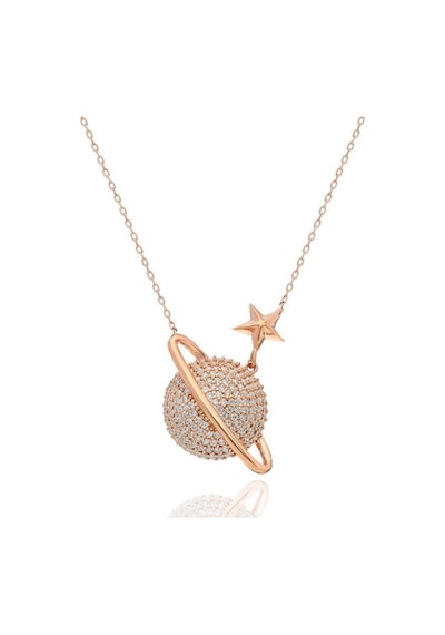 Brezza Lusso Jewelry Rose Renk Gezegen Kolye Beyaz Taşlı Gümüş Kadın Kolye 45 CM