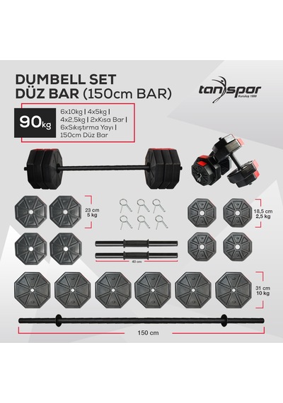 Tan Spor 90 KG Dambıl Halter Kısa Bar + Düz Bar Seti Sarı Kapaklı 150 CM