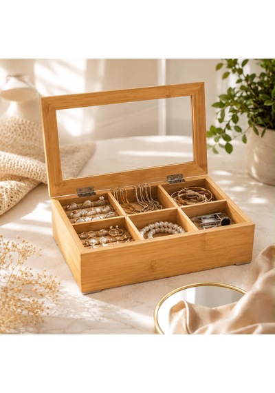 6 Bölmeli Kapaklı Organizer Bambu