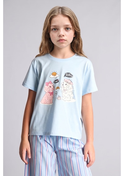 Defacto Baskılı Kısa Kollu Üst Çizgili Geniş Paça Alt Regular Fit 2li Pijama Takımı Kız Çocuk H5511a826wnbe415 Mavi-be415