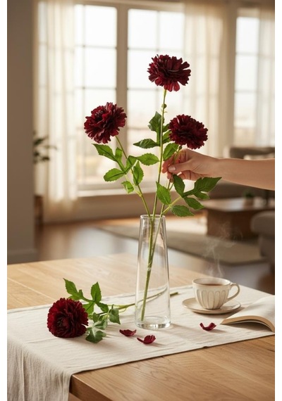Yapay Çiçek Kasımpatı Bordo Uzun Dal 3 Çiçekli 77cm Kırmızı
