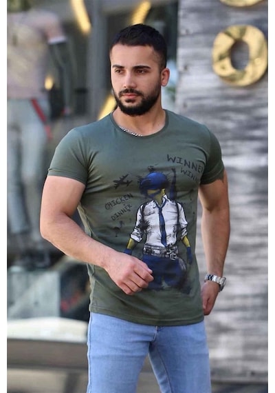 Madmext Baskılı Haki Tişört 4028