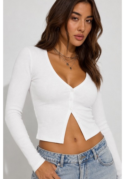 Seeh Beyaz V Yaka Önü Düğmeli Kadın Body Sh219