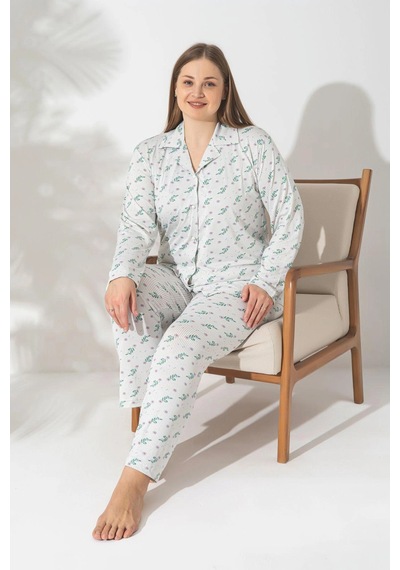 Pijamerry Büyük Beden Uzun Kol Milan Kumaş Pijama Takımı Beyaz