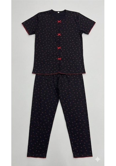 Sleeproom Yazlık Siyah Kiraz Desenli Kısa Kol Penye %100 Pamuk Pijama Takım