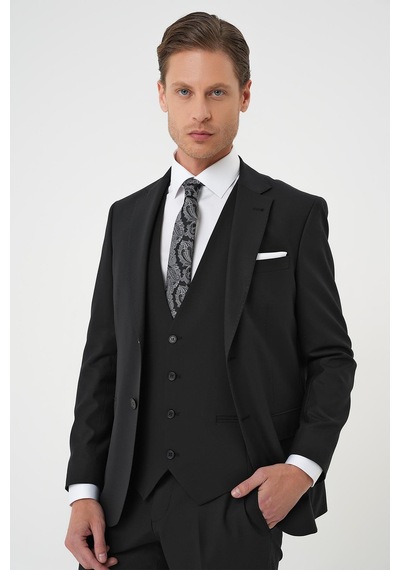 Efor Slim Fit Düz Esnek Yelekli Klasik Siyah Takım Elbise Tk 894 Siyah