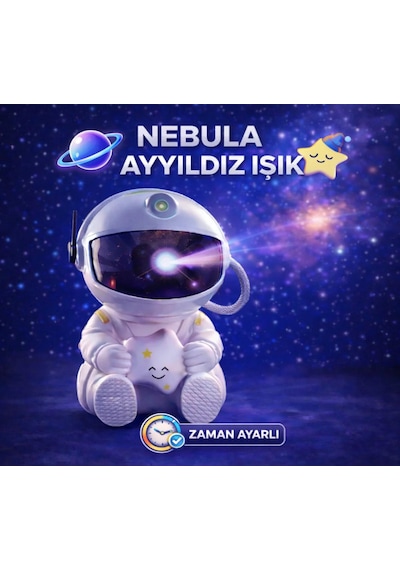 Astronot Şekilli Galaksi Projeksiyon Gece Lambalı Kumandalı Çocuk Odası Uzay Lambalı Beyaz