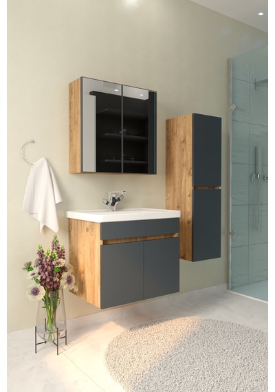 Tokyo 65 Cm Havlu Dolaplı Aynalı Banyo Dolabı Takımı Seramik Lavabolu Mdf Gövde Antrasit Gri - Atlantik Çam Tokyo 65 Cm Havlu Dolaplı Aynalı Banyo Dolabı Takımı Seramik Lavabolu Mdf Gövde Antrasit Gri - Atlantik Çam