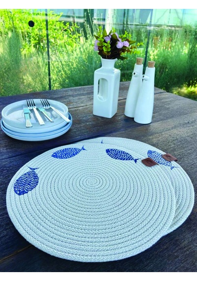 2'li Set Balıklar İşlemeli Amerikan Servis-leke Tutmaz Natural 33 Cm Beyaz